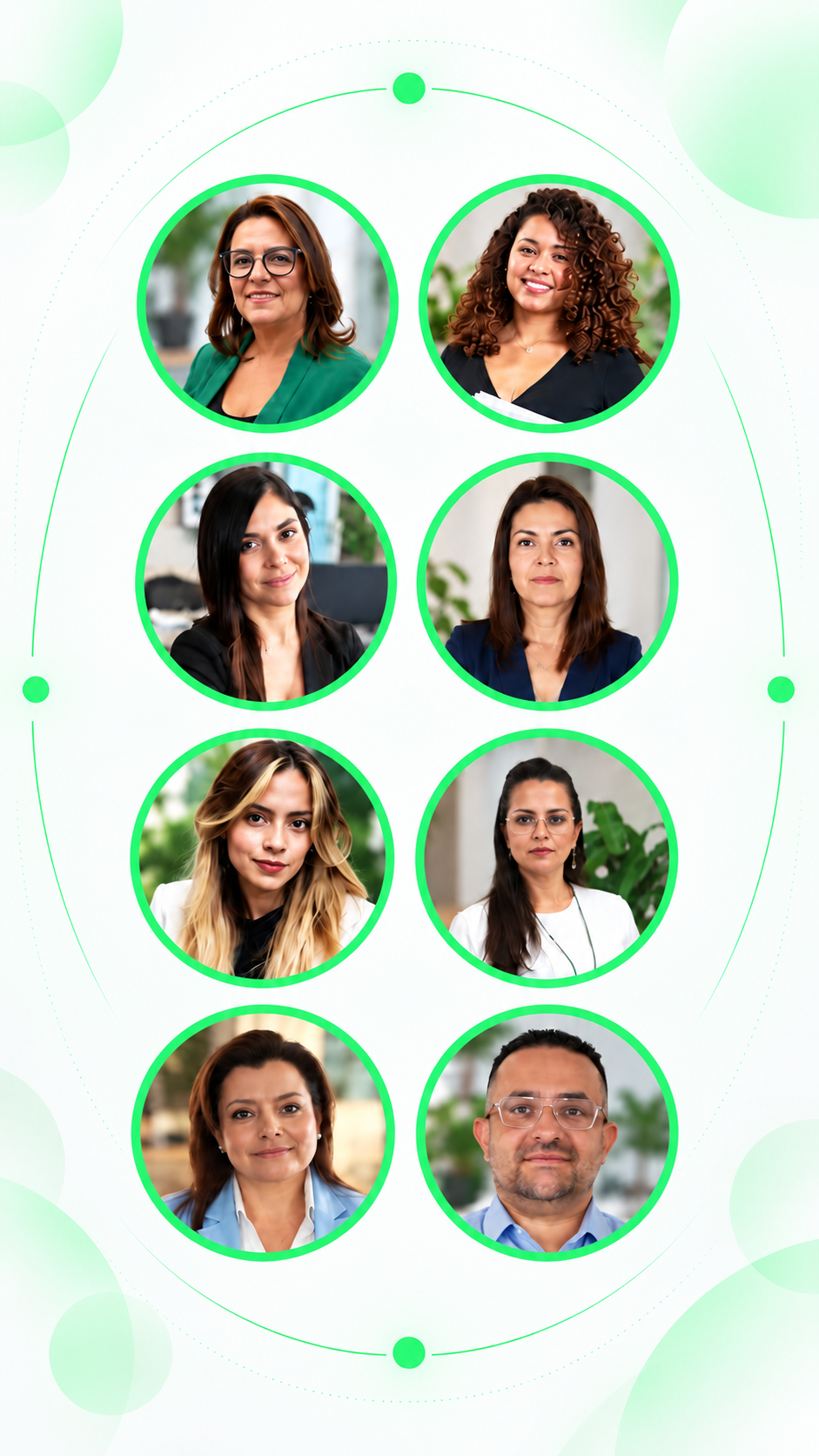 Montaje a color de ocho integrantes del equipo de asesores