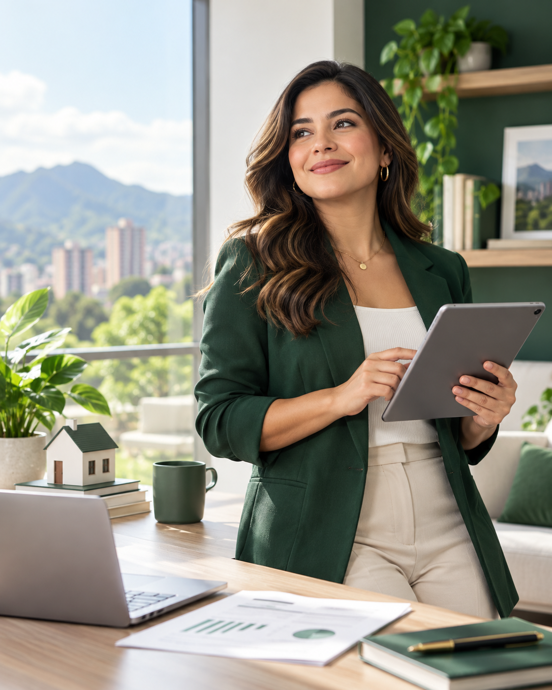 Mujer con una tableta en un espacio de planificación financiera con vista a Medellín