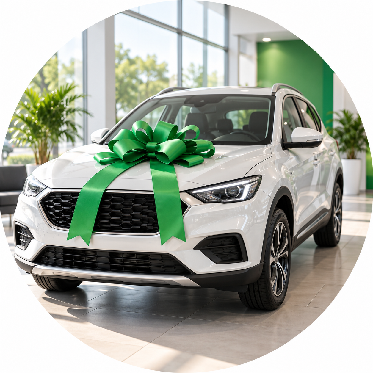 SUV blanco con un gran moño verde en un concesionario