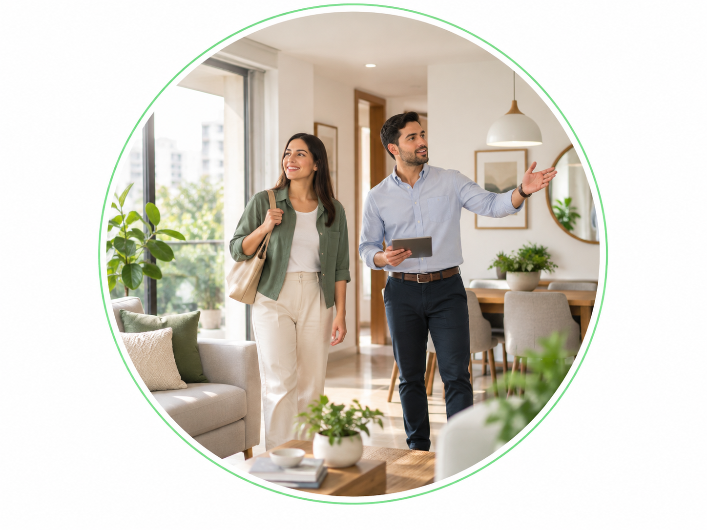 Pareja recorriendo un apartamento luminoso